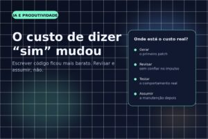Capa editorial do Vivendo de TI sobre como a IA barateou o primeiro patch, mas não a revisão e a responsabilidade sobre o código.