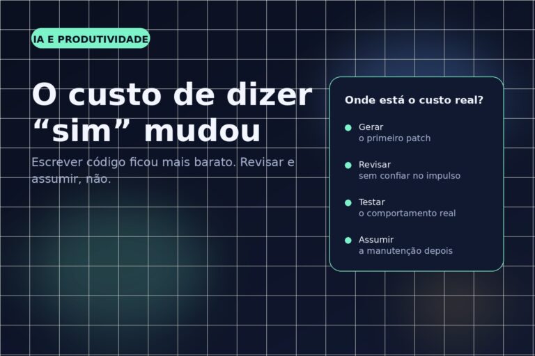 Capa editorial do Vivendo de TI sobre como a IA barateou o primeiro patch, mas não a revisão e a responsabilidade sobre o código.