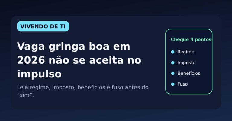 Capa do Vivendo de TI sobre aceitar vaga internacional remota com atenção a regime, imposto, benefícios e fuso.