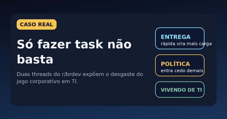 Capa do Vivendo de TI com a frase Só fazer task não basta e referência a caso real do r brdev sobre o jogo corporativo em TI.