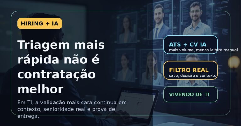 Capa do Vivendo de TI sobre IA acelerando a triagem, mas sem resolver a parte difícil de contratar melhor em TI.