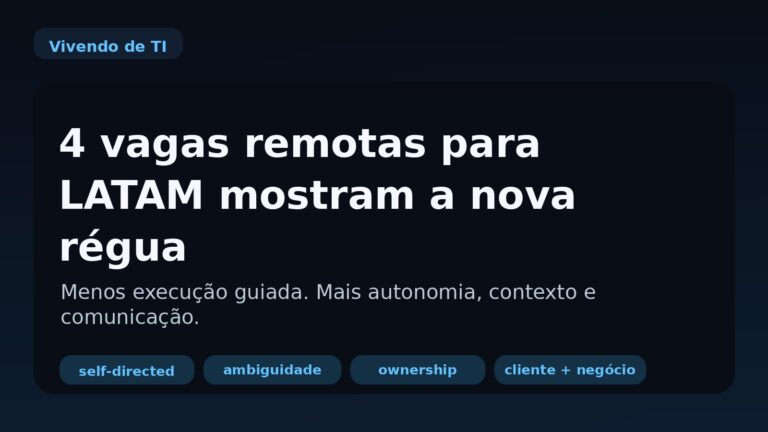 Capa do Vivendo de TI dizendo que quatro vagas remotas para LATAM mostram a nova régua do mercado: menos execução guiada e mais autonomia.