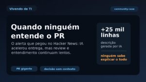 Capa do Vivendo de TI dizendo que ninguém entende o PR e que o alerta da comunidade é que a IA acelerou a entrega, mas review e entendimento continuam lentos.