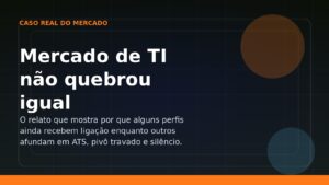 Capa editorial sobre a desigualdade do mercado de TI entre perfis, rede, ATS e pivô de carreira