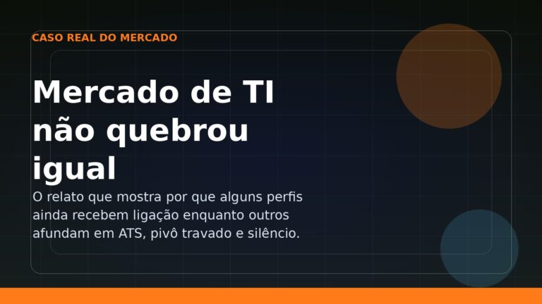 Capa editorial sobre a desigualdade do mercado de TI entre perfis, rede, ATS e pivô de carreira