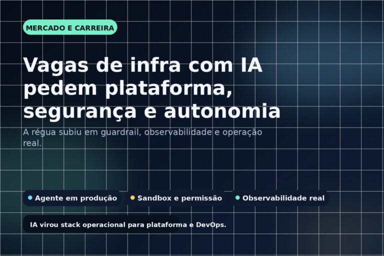 Capa editorial do Vivendo de TI sobre vagas de infraestrutura com IA pedindo plataforma, segurança e autonomia.