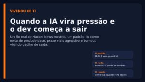 Capa editorial do Vivendo de TI sobre um caso real do Hacker News em que IA, burnout e perda de sentido aparecem como gatilhos de saída.