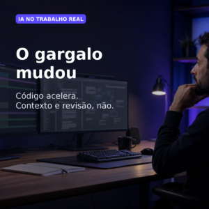 Card editorial sobre IA no trabalho real com a frase O gargalo mudou e um desenvolvedor revisando código em múltiplos monitores.