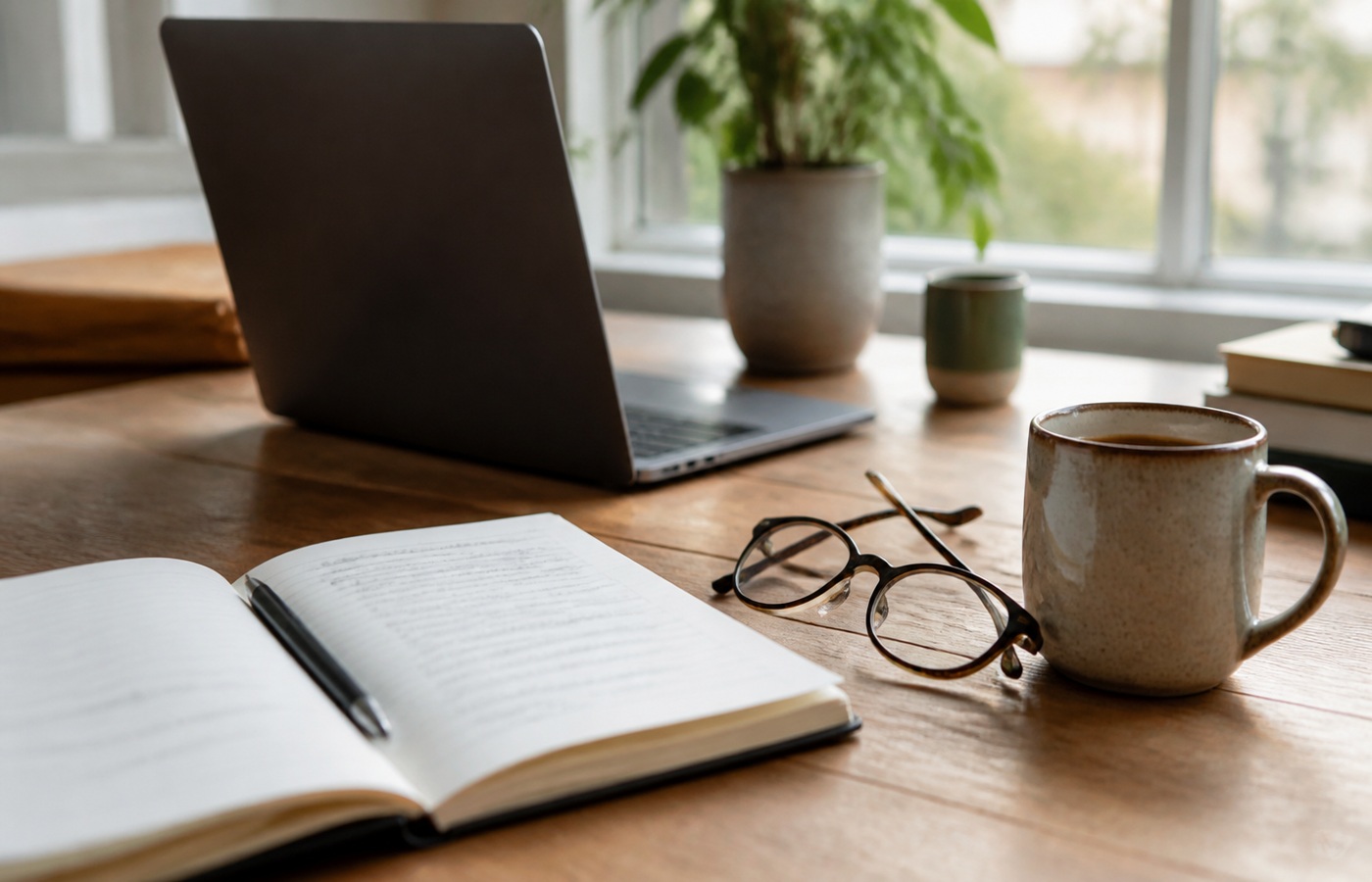 Mesa de trabalho em home office com notebook, café e clima de recomeço profissional.