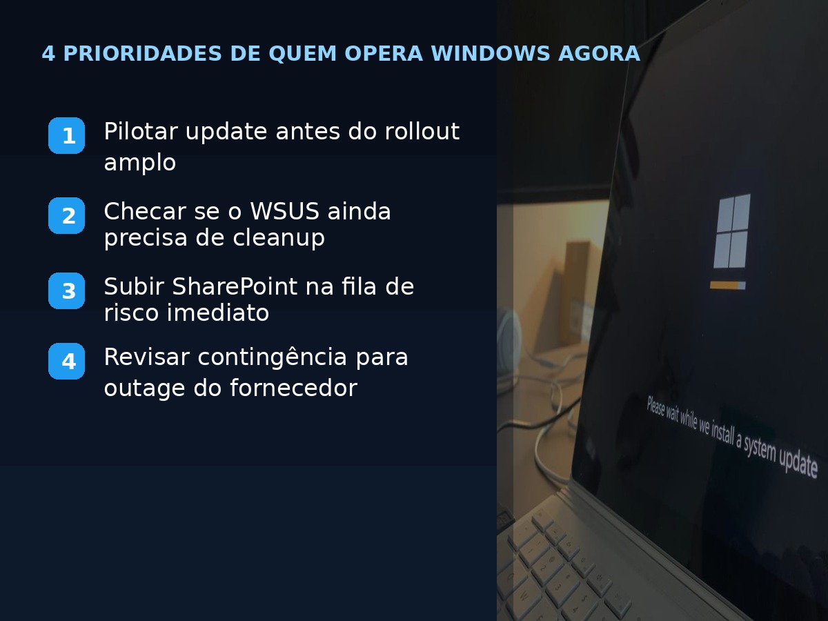 Card editorial com quatro prioridades para quem opera Windows agora: pilotar update, revisar WSUS, subir SharePoint na fila de risco e revisar contingência