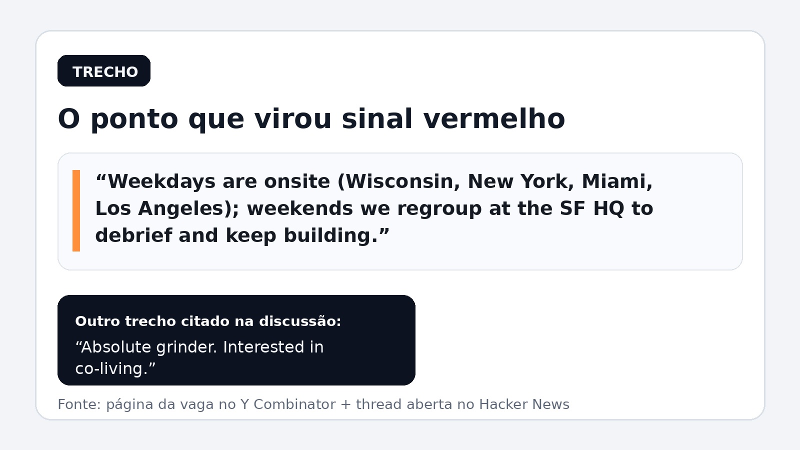 Card interno com o trecho da vaga no Y Combinator que menciona dias úteis onsite e fim de semana no HQ.