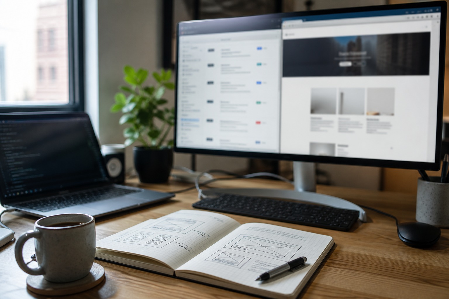 Imagem interna com notebook, monitor e ambiente de trabalho usados para ilustrar a pressão atual sobre vagas de front-end.