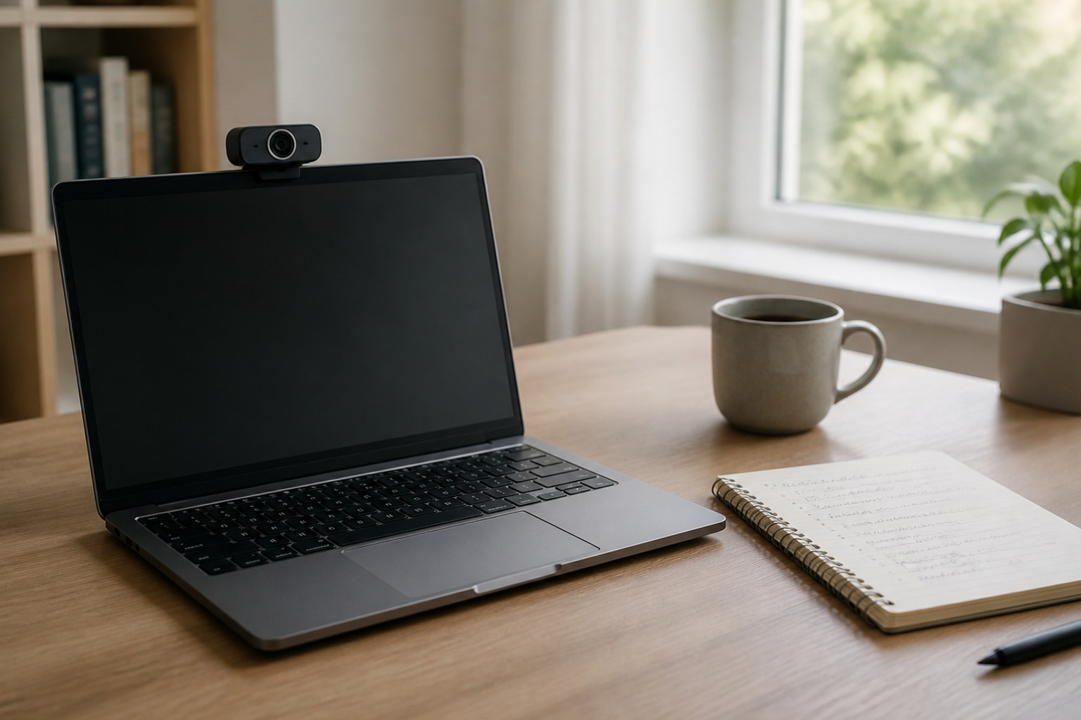 Imagem interna com laptop, webcam e bloco de notas para ilustrar a nova fase das entrevistas com IA no recrutamento de tecnologia.