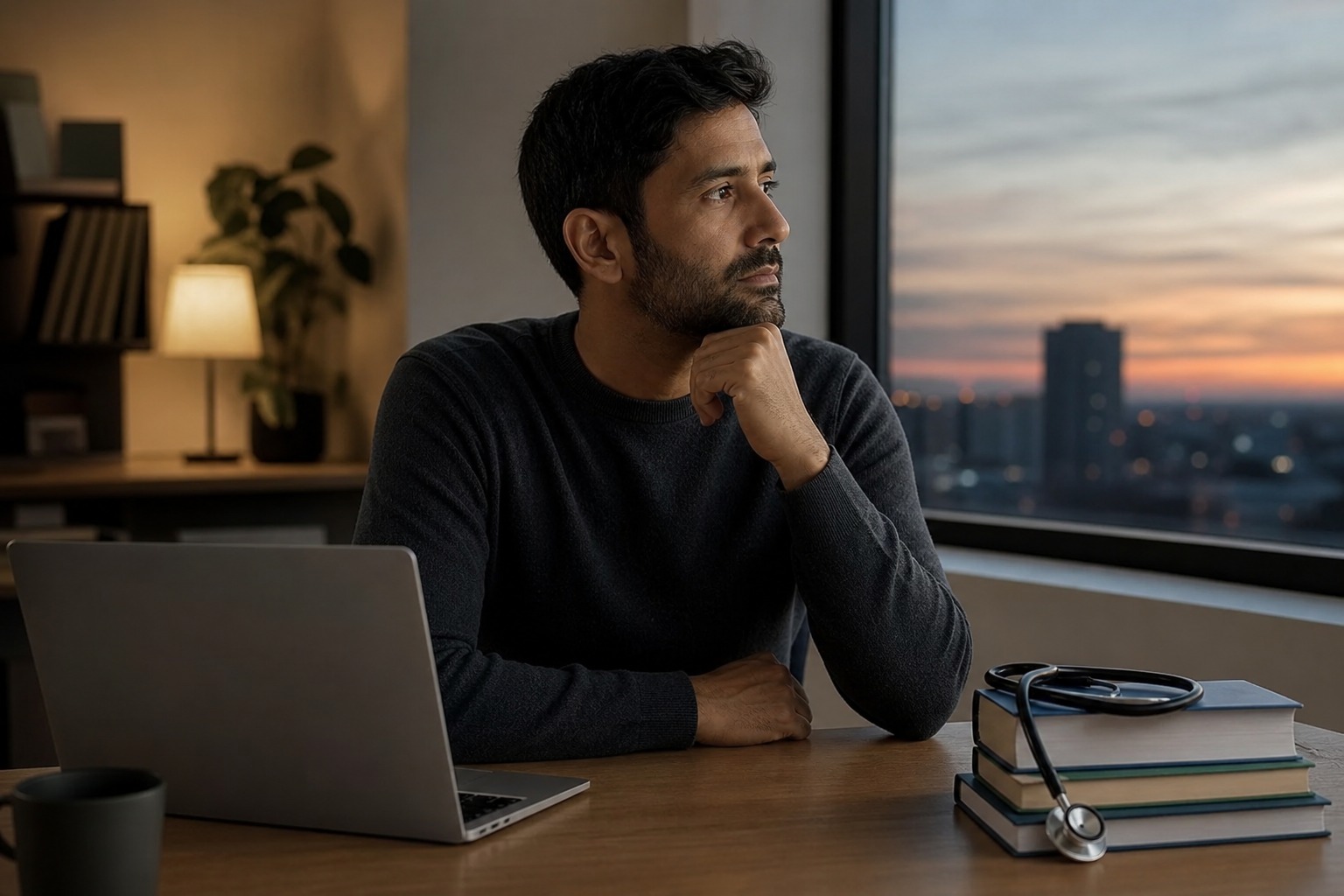 Mesa de trabalho com laptop e elementos que sugerem uma encruzilhada de carreira entre tecnologia e outra profissão.