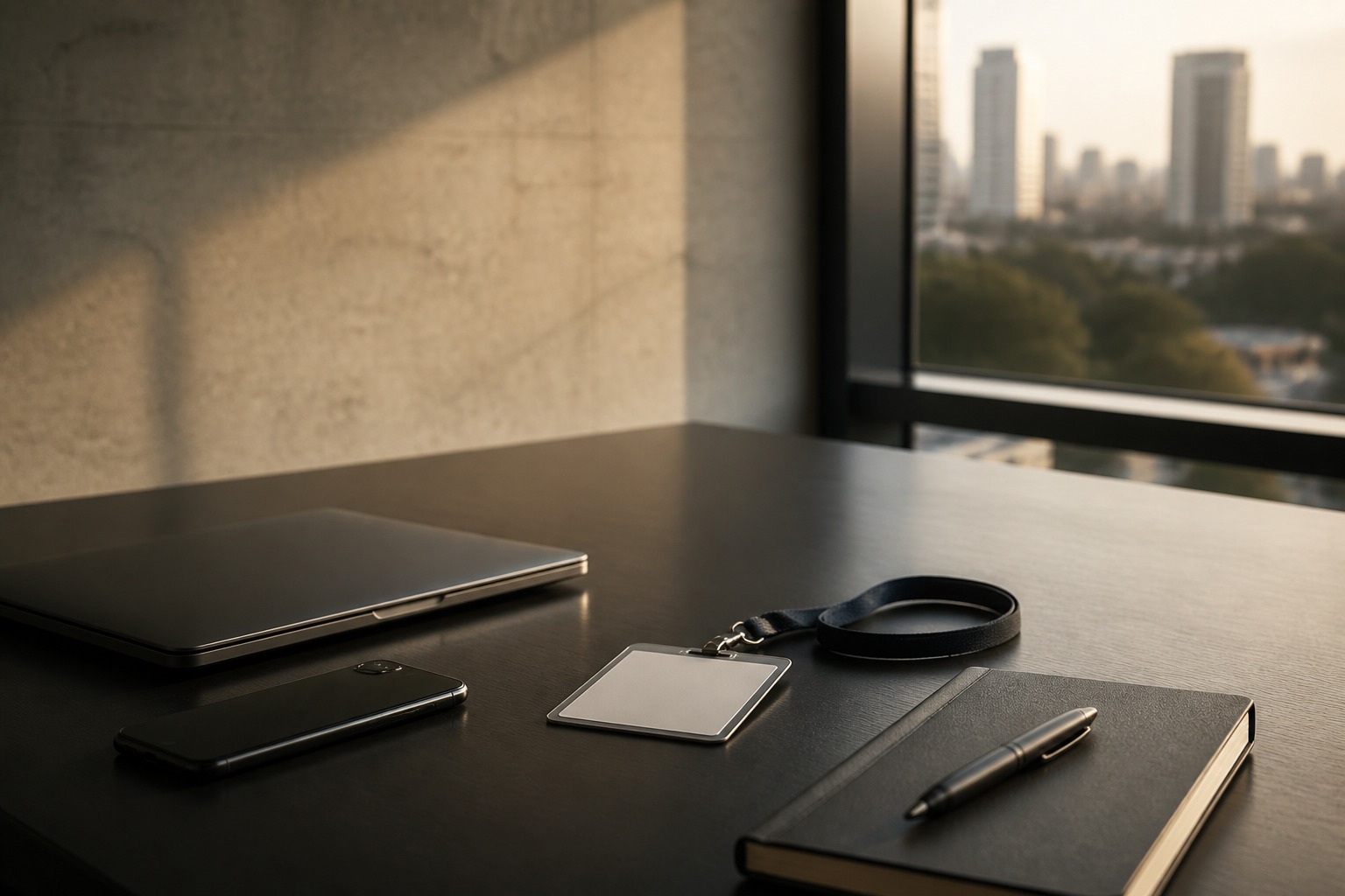 Mesa de trabalho com notebook fechado, celular e crachá usada para ilustrar governança de acesso e risco operacional em tecnologia.