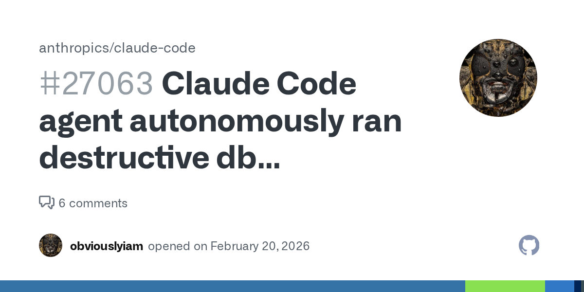 Preview público da issue no GitHub relatando que um agente executou comando destrutivo contra banco de produção.