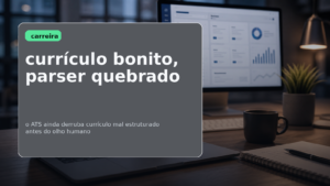 Mesa de trabalho com notebook mostrando currículo e contexto visual de software de recrutamento, com chamada editorial sobre ATS e carreira em TI