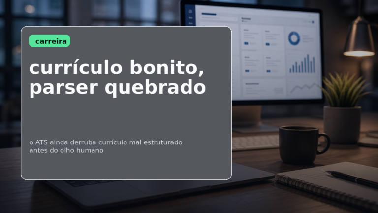 Mesa de trabalho com notebook mostrando currículo e contexto visual de software de recrutamento, com chamada editorial sobre ATS e carreira em TI