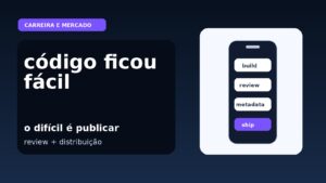 Capa editorial do Vivendo de TI sobre como a IA acelerou o código, mas o gargalo dos apps continua em review e distribuição.