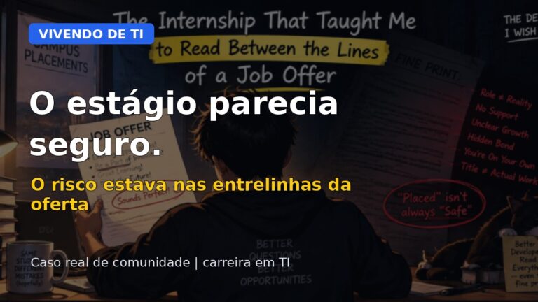 Capa editorial do Vivendo de TI sobre um caso real de estágio em TI que parecia seguro, mas escondia riscos na oferta.