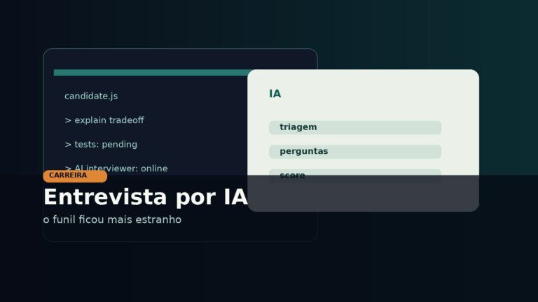 Capa editorial sobre entrevista por IA em vaga de TI e funil de seleção automatizado.