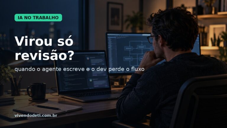 Capa editorial sobre desenvolvedor que passou a revisar e orientar agentes de IA em vez de codar o tempo todo.