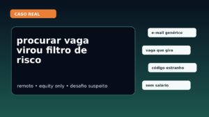 Capa editorial sobre busca por vaga em TI com alertas de risco, remoto, equity e desafio técnico suspeito.