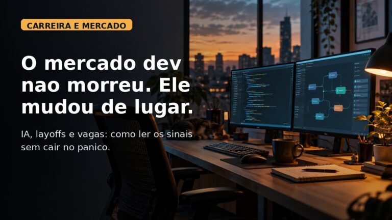 Capa editorial sobre mercado dev, IA e vagas de TI em 2026.