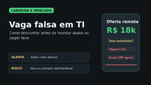 Capa editorial com alerta sobre vaga falsa em TI, dados pessoais e taxa de contratação