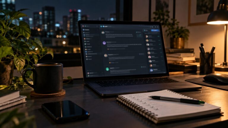 Mesa de trabalho com notebook e checklist para discutir rumores de layoff em comunidades de tecnologia