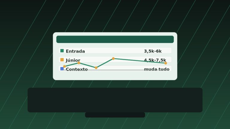 Ilustracao editorial de notebook com faixas salariais de entrada em TI.