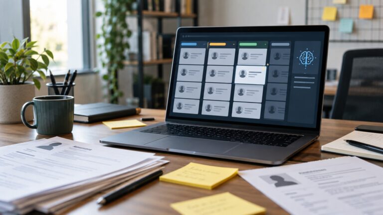 Laptop com interface abstrata de triagem de candidatos em uma mesa de trabalho.