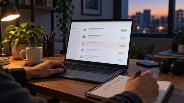 Pessoa filtrando vagas de TI em um notebook, com alerta visual em uma lista de oportunidades.