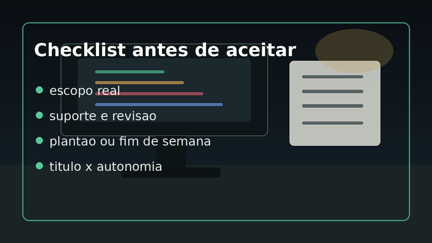 Checklist visual com pontos para avaliar antes de aceitar uma vaga de TI com senioridade inflada.