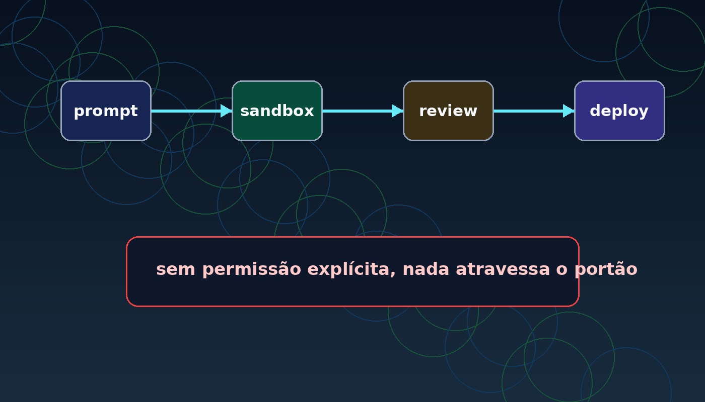 Fluxo visual de agente de código passando por sandbox, revisão e deploy.