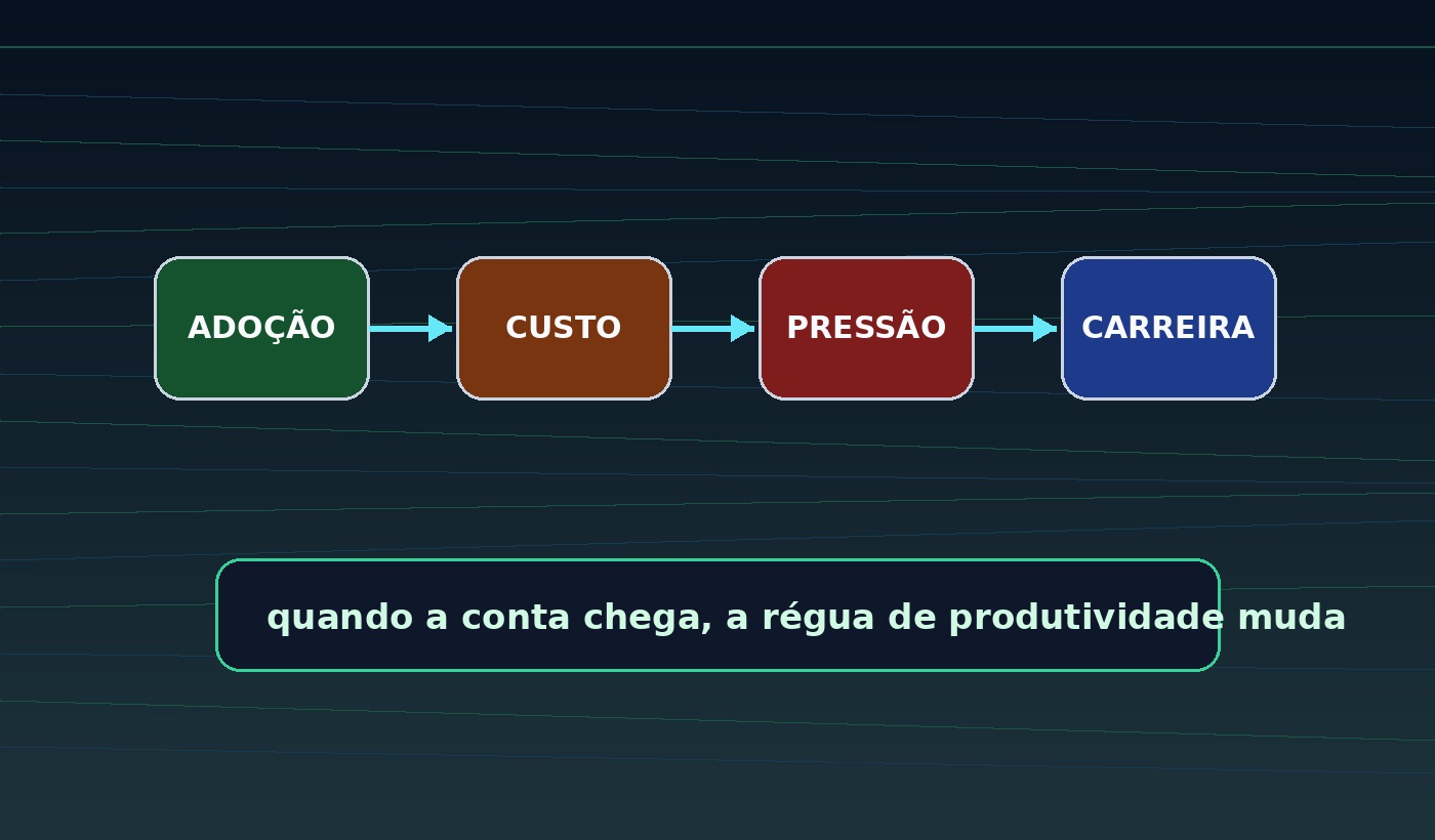 Diagrama visual mostrando a sequência adoção de IA, custo, pressão e carreira.