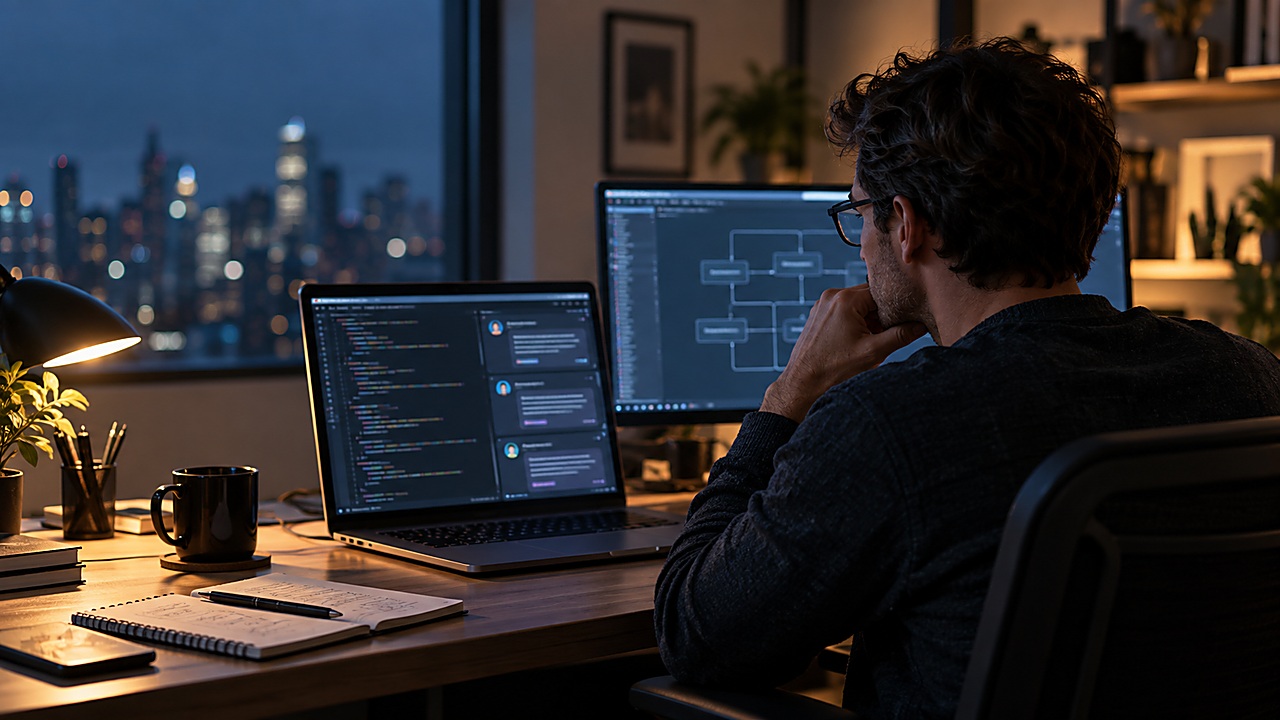 Desenvolvedor revisando telas e fluxos de código gerados por agentes de IA em um setup de trabalho noturno