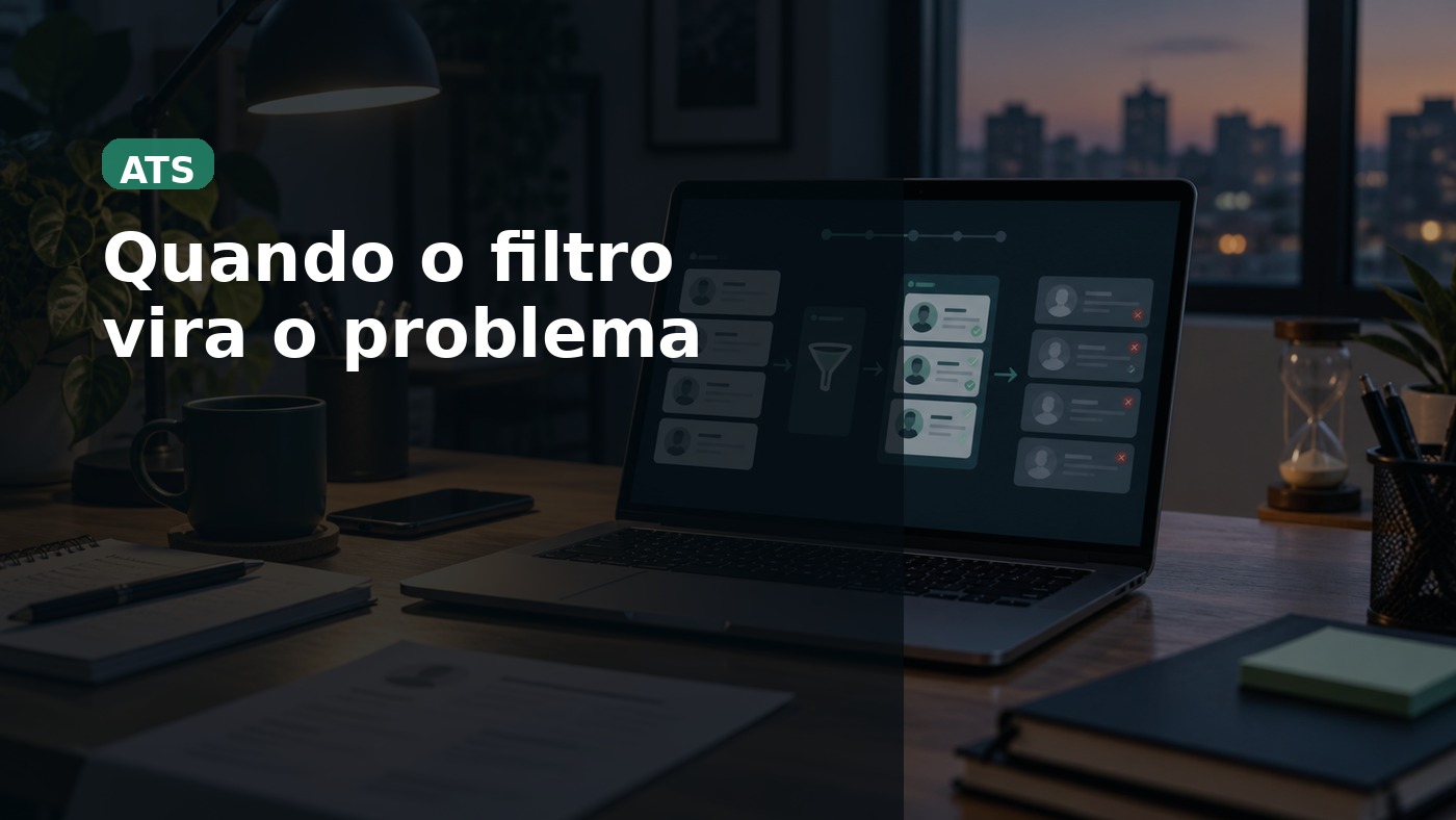 Imagem editorial com a frase Quando o filtro vira o problema sobre triagem por ATS em vagas de tecnologia.