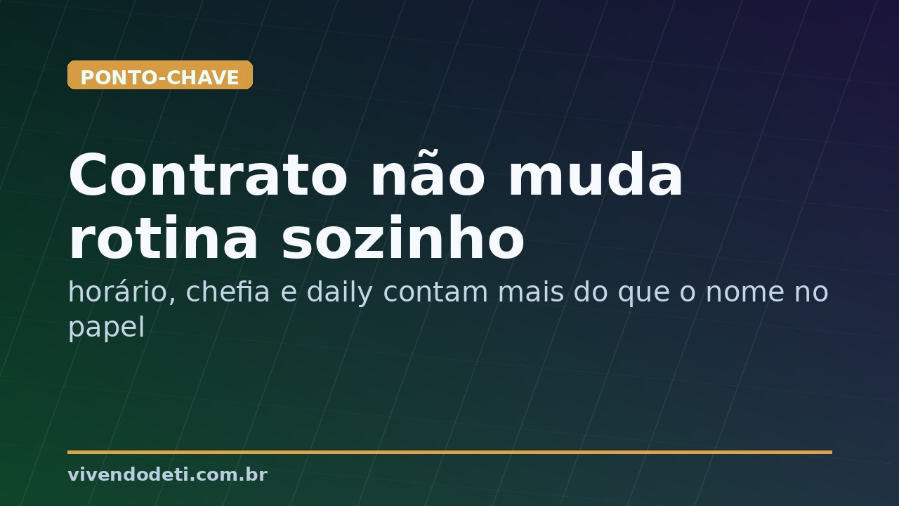 Imagem editorial dizendo que contrato não muda rotina sozinho, com destaque para horário, chefia e daily.