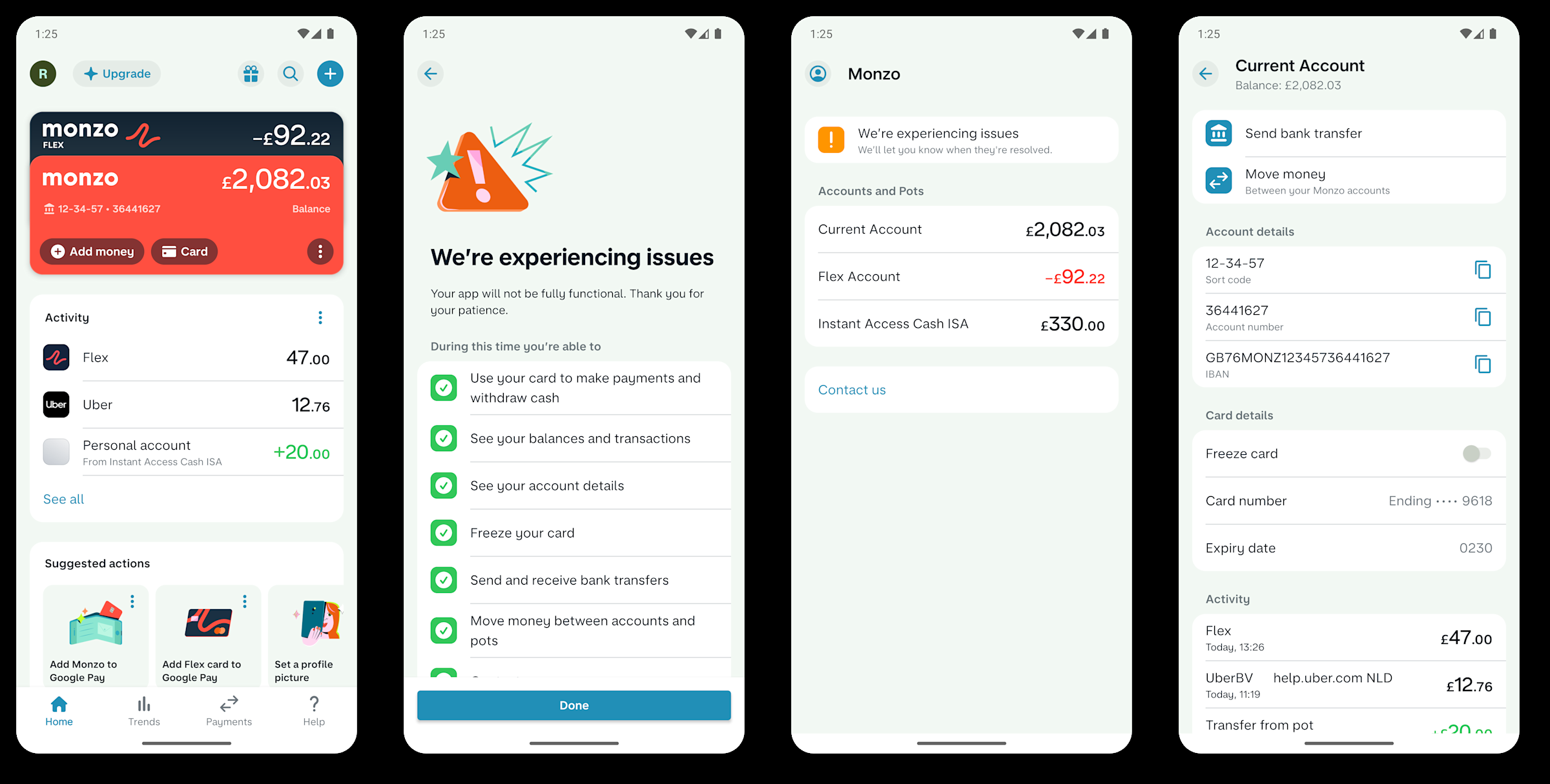 Interface simplificada do aplicativo do Monzo quando o Stand-in está ativo