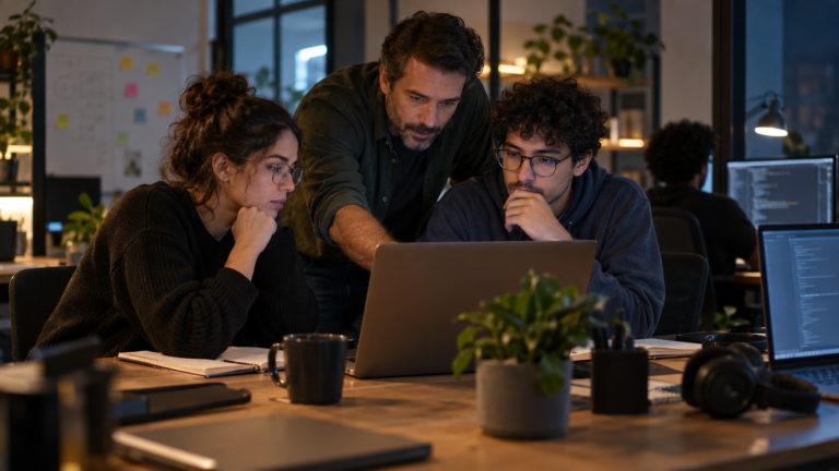 Equipe de desenvolvimento discutindo um fluxo de trabalho com agente de IA em um ambiente de escritório.