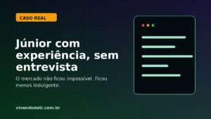 Arte editorial com terminal e chamada sobre dev júnior com experiência sem entrevista