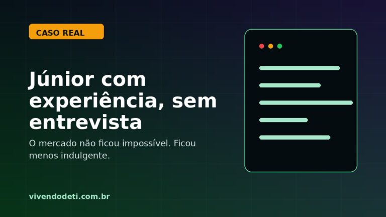 Arte editorial com terminal e chamada sobre dev júnior com experiência sem entrevista