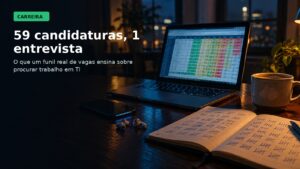Mesa à noite com notebook aberto em uma planilha de candidaturas, usada como capa do post sobre busca de vagas em TI.