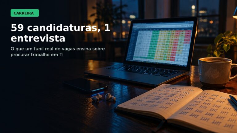 Mesa à noite com notebook aberto em uma planilha de candidaturas, usada como capa do post sobre busca de vagas em TI.