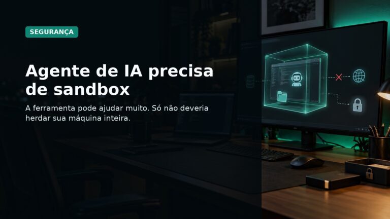 Capa editorial mostrando um agente de IA isolado em sandbox no ambiente de desenvolvimento