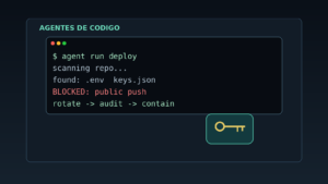 Ilustração editorial de terminal bloqueando push público com chaves de acesso.