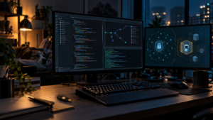 Estação de trabalho com monitores de código e visual de segurança, representando agentes de IA com permissões e sandbox.