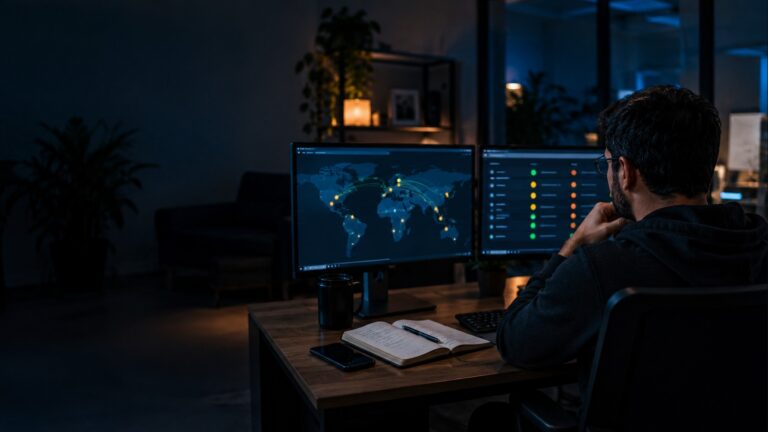Profissional de SRE analisando monitores e um runbook durante uma falha de cloud.