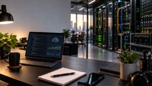 Mesa de trabalho com laptop e racks de servidores ao fundo, representando a divisão do mercado de TI entre software e infraestrutura de IA.
